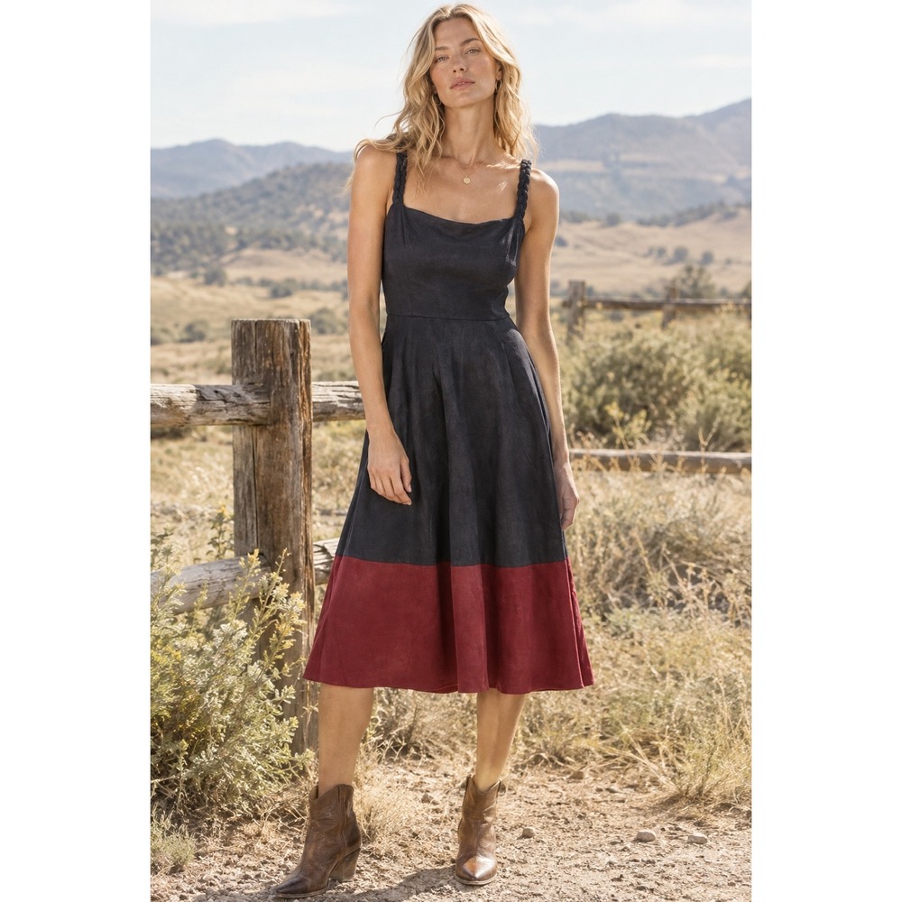 Hutch NWT Keltie Midi Dress Small Navy Burgundy Faux Suede Colorblock Braided